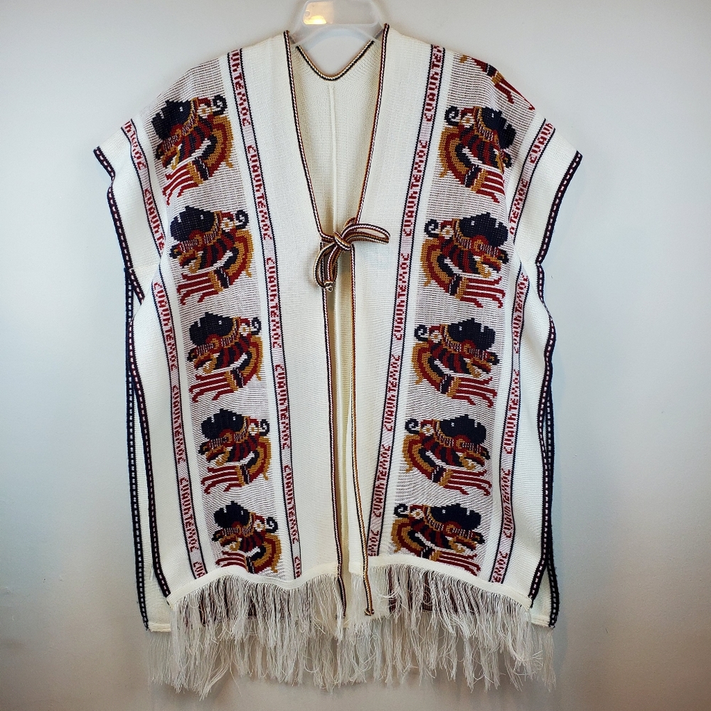 Cuauhtemoc Aztec Poncho Shrug Fringe OSFM Woven Knit Acrylic Tie Front Beautiful